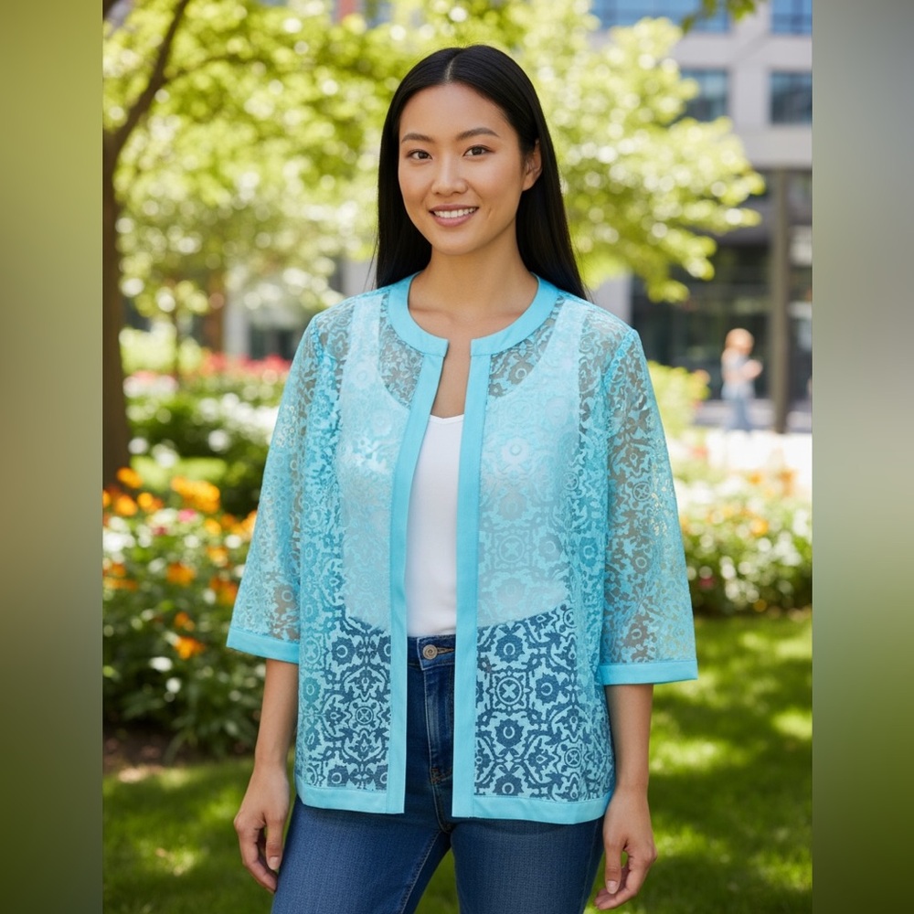 Ruby Rd. Aqua Blue Lacy Burnout Open Front Long Line Cardigan Plus Size 1X